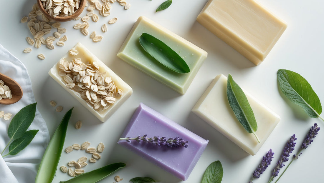 Natural gentle soaps for sensitive skin arranged with soothing ingredients like oat milk and lavender