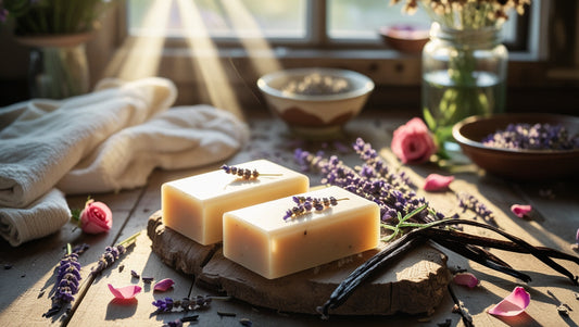 Luxury natural fragrance soaps arranged with botanical ingredients and essential oils