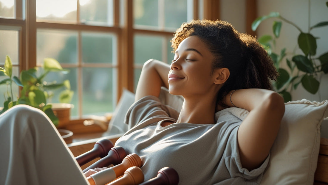 Person using at-home massage tools for stress relief and relaxation therapy