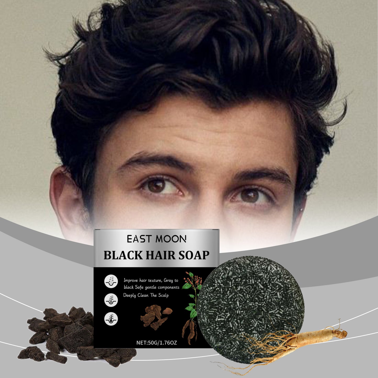 Men Bamboo Charcoal Black Hair Soap solid bar for natural hair care