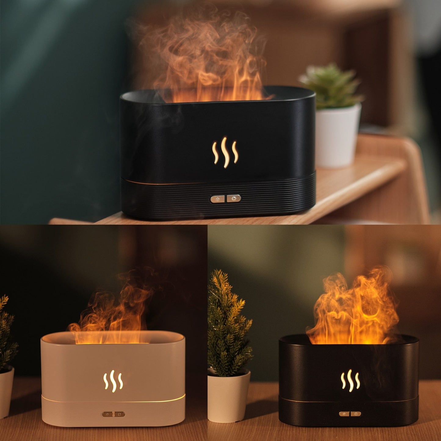 Flame effect aroma diffuser with ultrasonic mist technology, LED flame effect aroma diffuser with auto-shutoff safety, Whisper-quiet flame effect aroma diffuser for bedroom