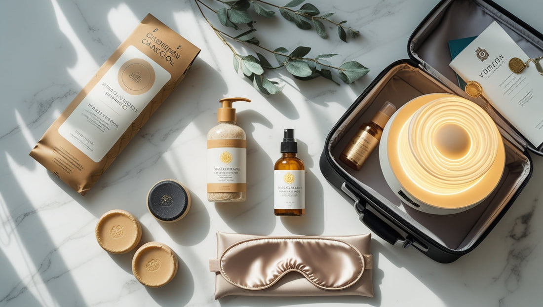 Travel wellness essentials including solid shampoo bars and portable aromatherapy diffuser arranged for packing