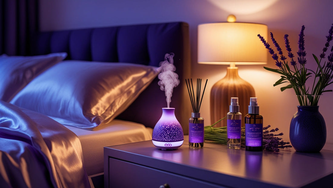 Aromatherapy for better sleep setup with essential oil diffuser and lavender products on nightstand