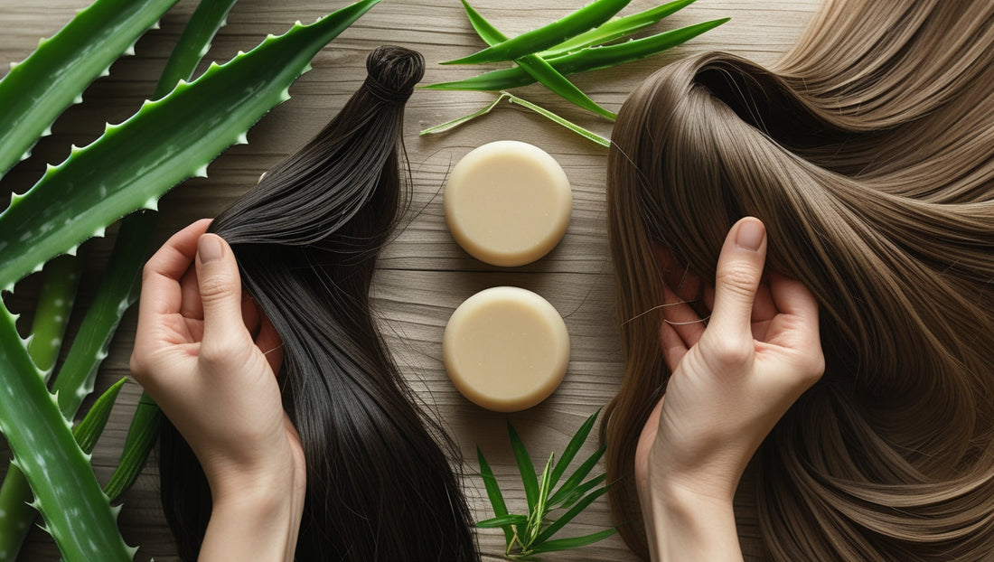 Natural solid shampoo bars arranged with fresh botanicals for healthy scalp care