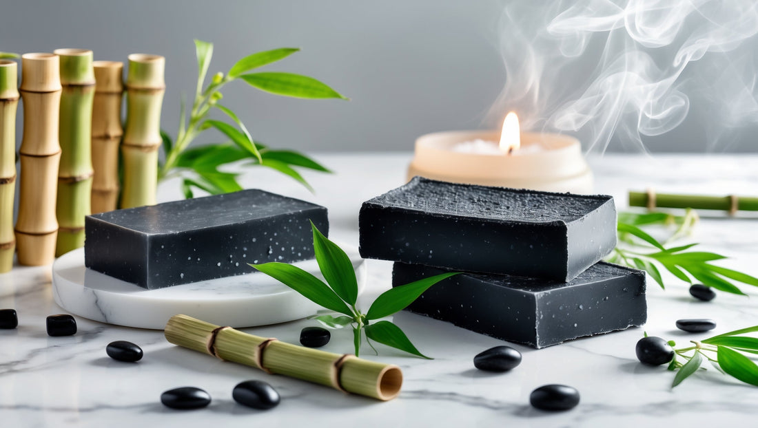 Charcoal and black soaps arranged for deep cleansing skincare routine