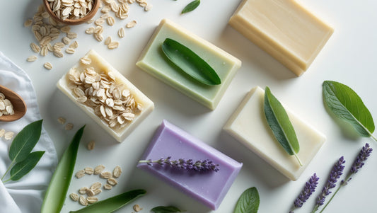 Natural gentle soaps for sensitive skin arranged with soothing ingredients like oat milk and lavender