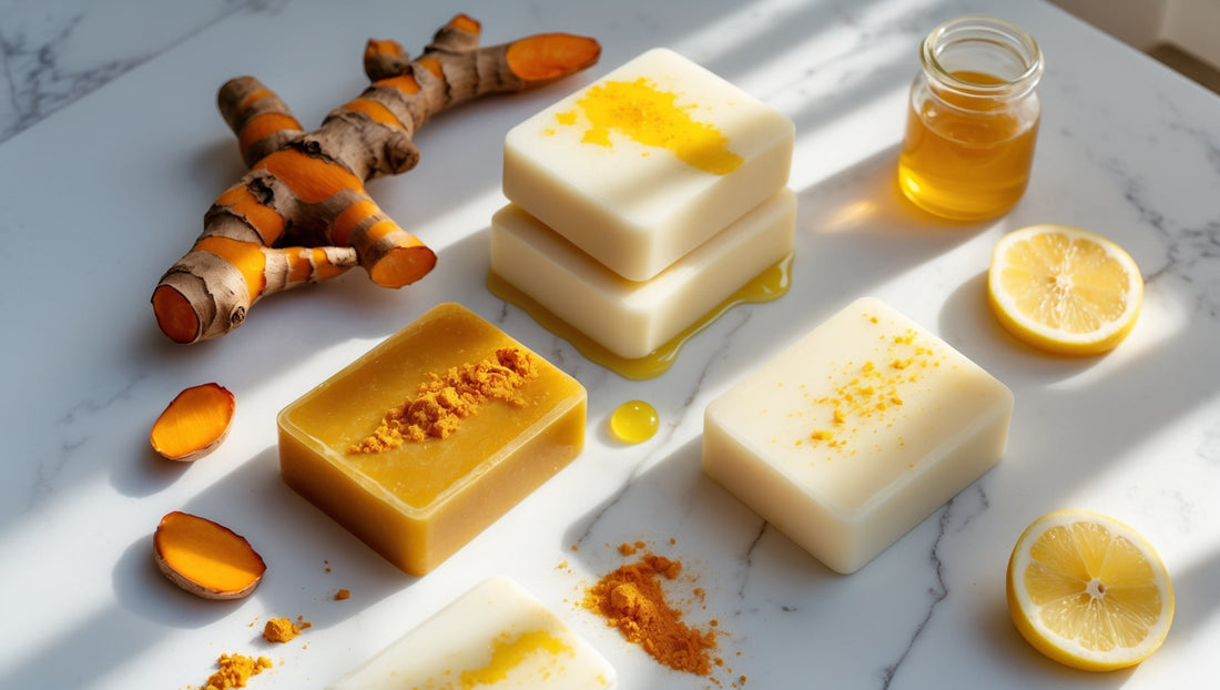 Natural brightening soaps with kojic acid and turmeric for radiant skin care routine