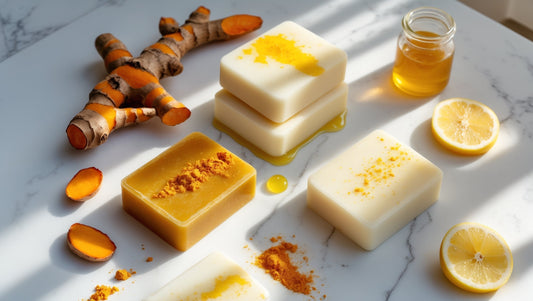 Natural brightening soaps with kojic acid and turmeric for radiant skin care routine