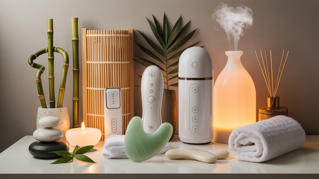 Massage wellness tools collection for home spa and relaxation therapy