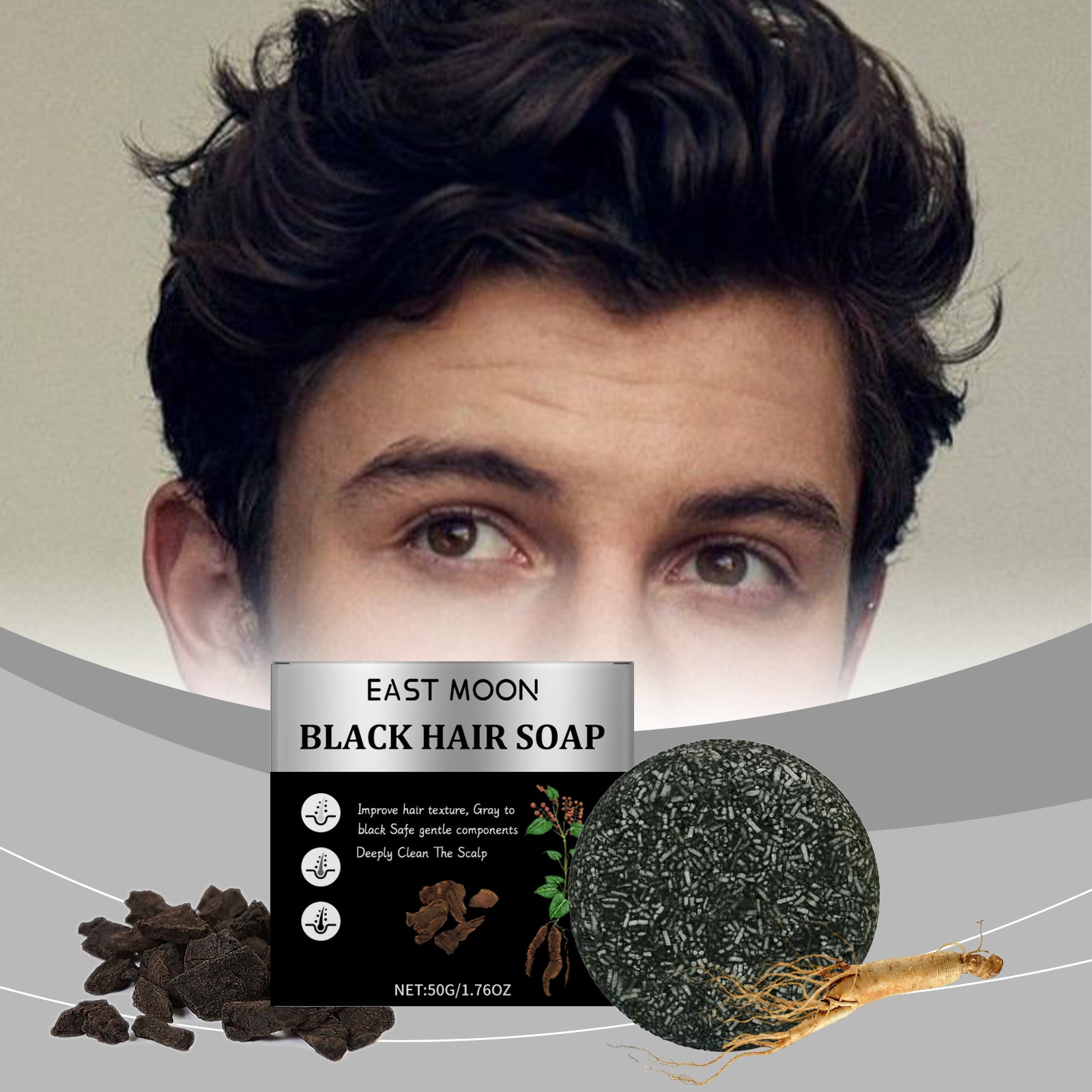 Men Bamboo Charcoal Black Hair Soap solid bar for natural hair care