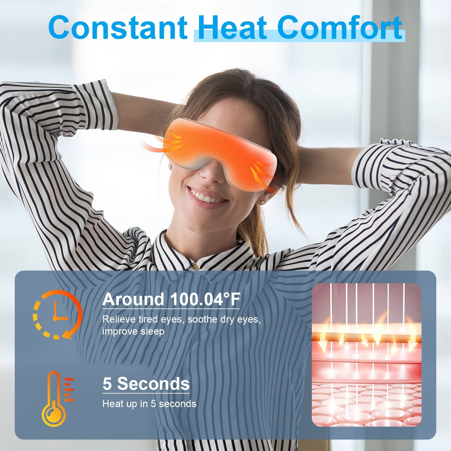 Wireless eye relaxer with heat and air compression technology, Premium wireless eye relaxer with Bluetooth music connectivity, Portable wireless eye relaxer with five relaxation modes