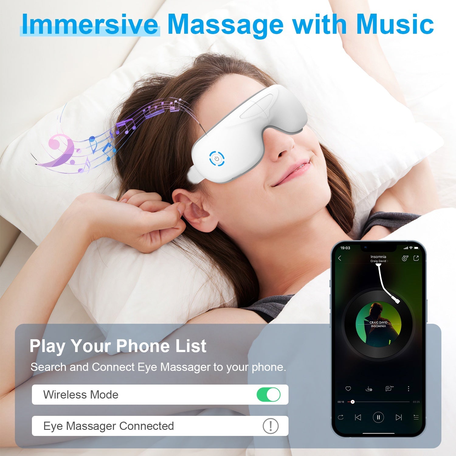 Wireless eye relaxer with heat and air compression technology, Premium wireless eye relaxer with Bluetooth music connectivity, Portable wireless eye relaxer with five relaxation modes