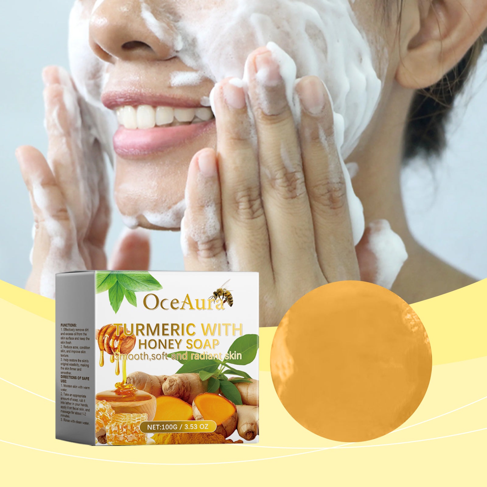 Oceaura Honey Turmeric Soap for gentle daily facial cleansing and brightening