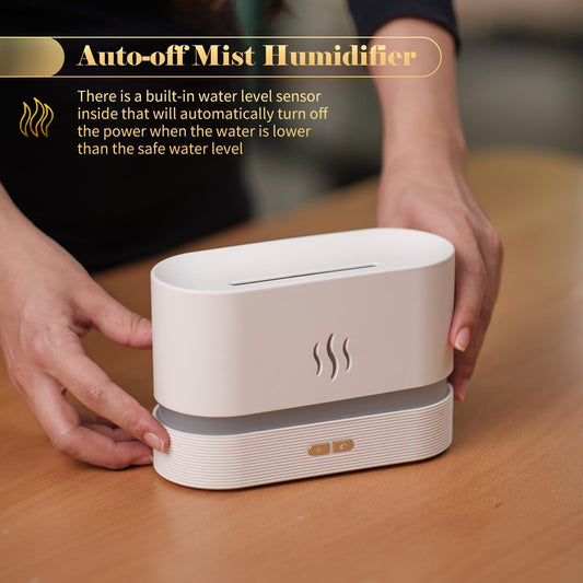Flame effect aroma diffuser with ultrasonic mist technology, LED flame effect aroma diffuser with auto-shutoff safety, Whisper-quiet flame effect aroma diffuser for bedroom