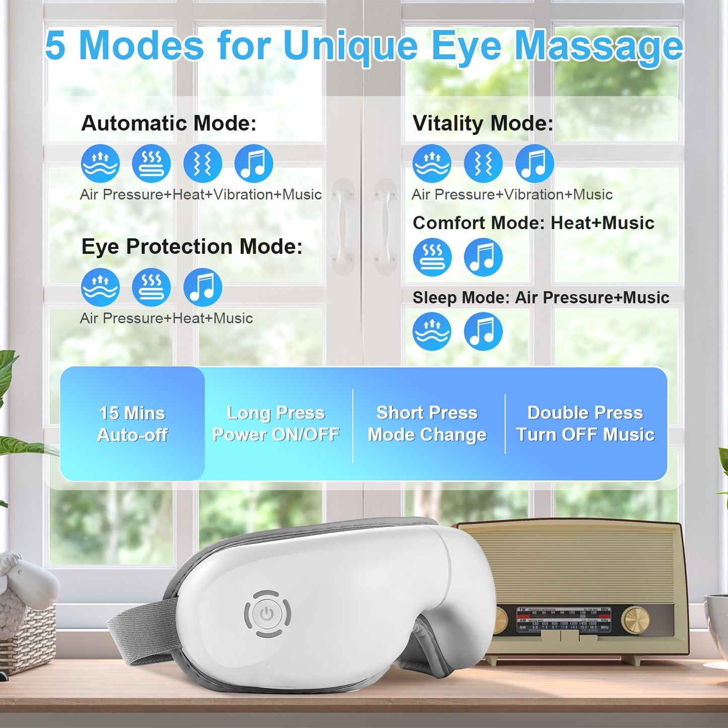 Wireless eye relaxer with heat and air compression technology, Premium wireless eye relaxer with Bluetooth music connectivity, Portable wireless eye relaxer with five relaxation modes