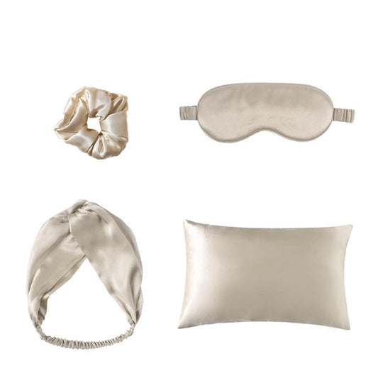 Silk sleep set with eye mask, pillowcase, hair ties and headband for nighttime care