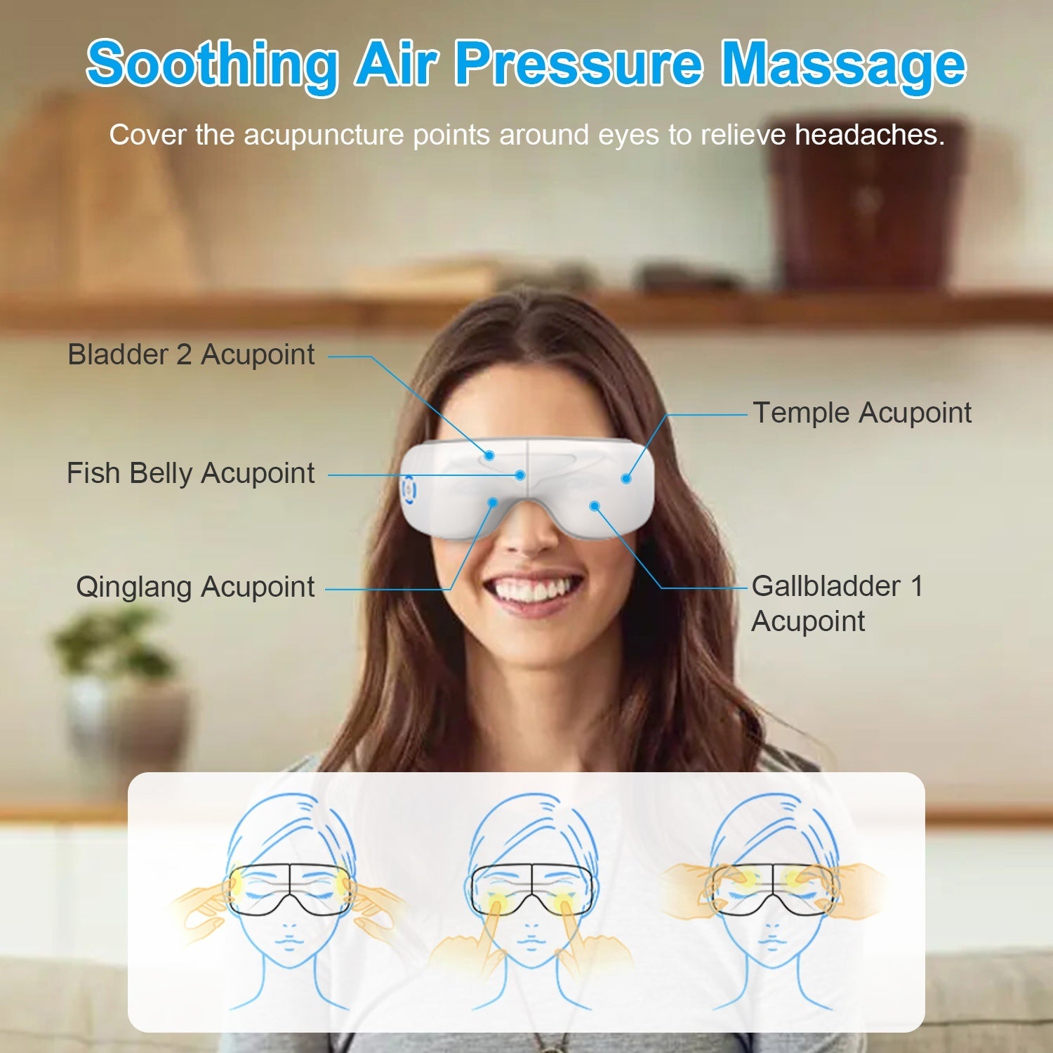 Wireless eye relaxer with heat and air compression technology, Premium wireless eye relaxer with Bluetooth music connectivity, Portable wireless eye relaxer with five relaxation modes